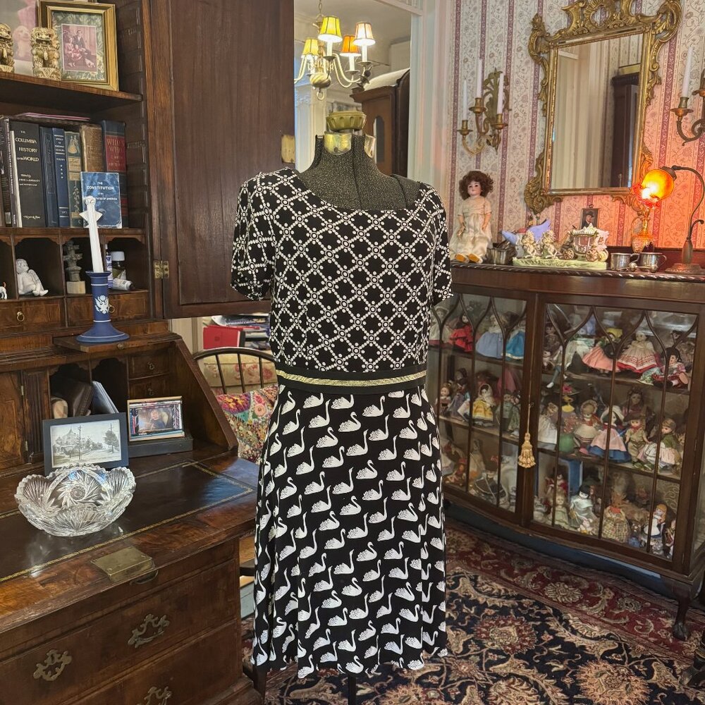 Charming Anthropologie Maeve Amici Color Block Swan Print Dress